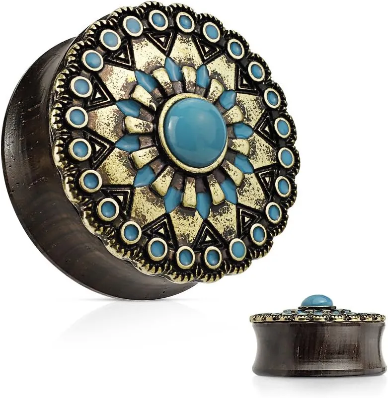 Turquoise and Enamel Tribal Sun Top Organic Ebony Wood Double Flared Saddle Plugs 0g 00g 1/2 9/16 5/8
