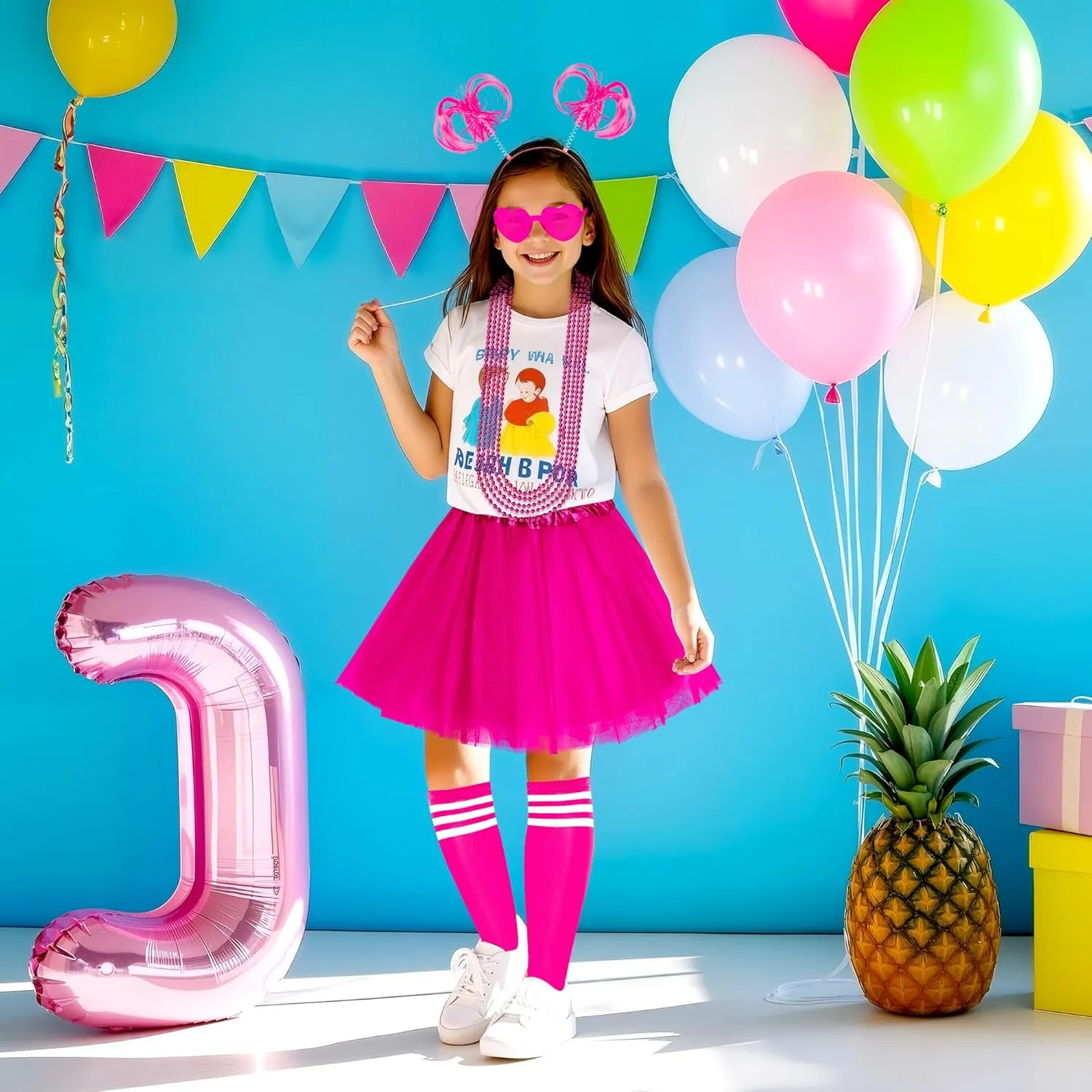 Tutu Costume Accessories Set Tulle Tutu Skirt 4 Layered Tutu Wear Pom Pom Headband with Heart Glasses Necklace and Tube Socks