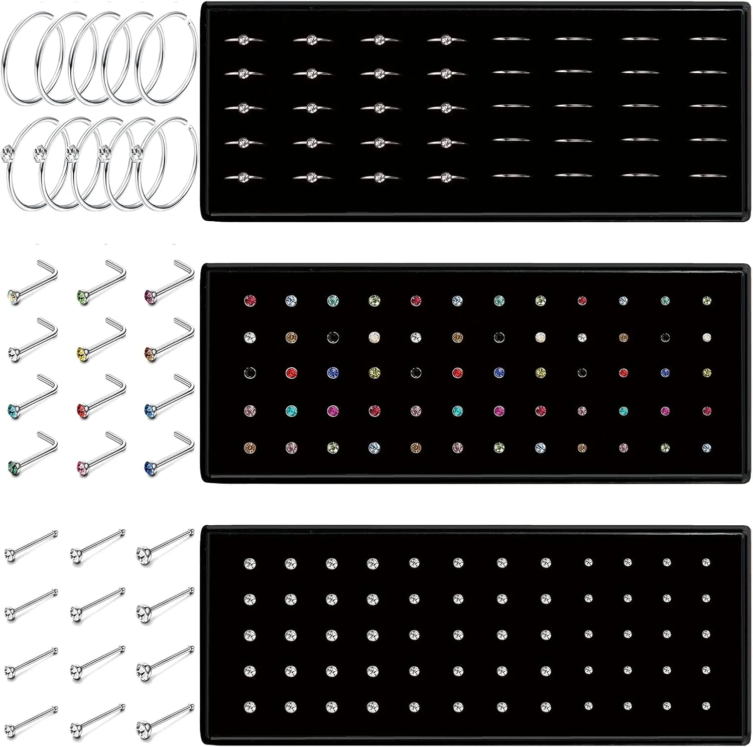 Ubjuliwa 160pcs 20G-22G 1.5mm 2mm 2.5mm Nose Studs Stainless Steel Nose Rings Studs Crystal Rhinestone Stud Nose Rings for Women Nose Piercing Jewelry