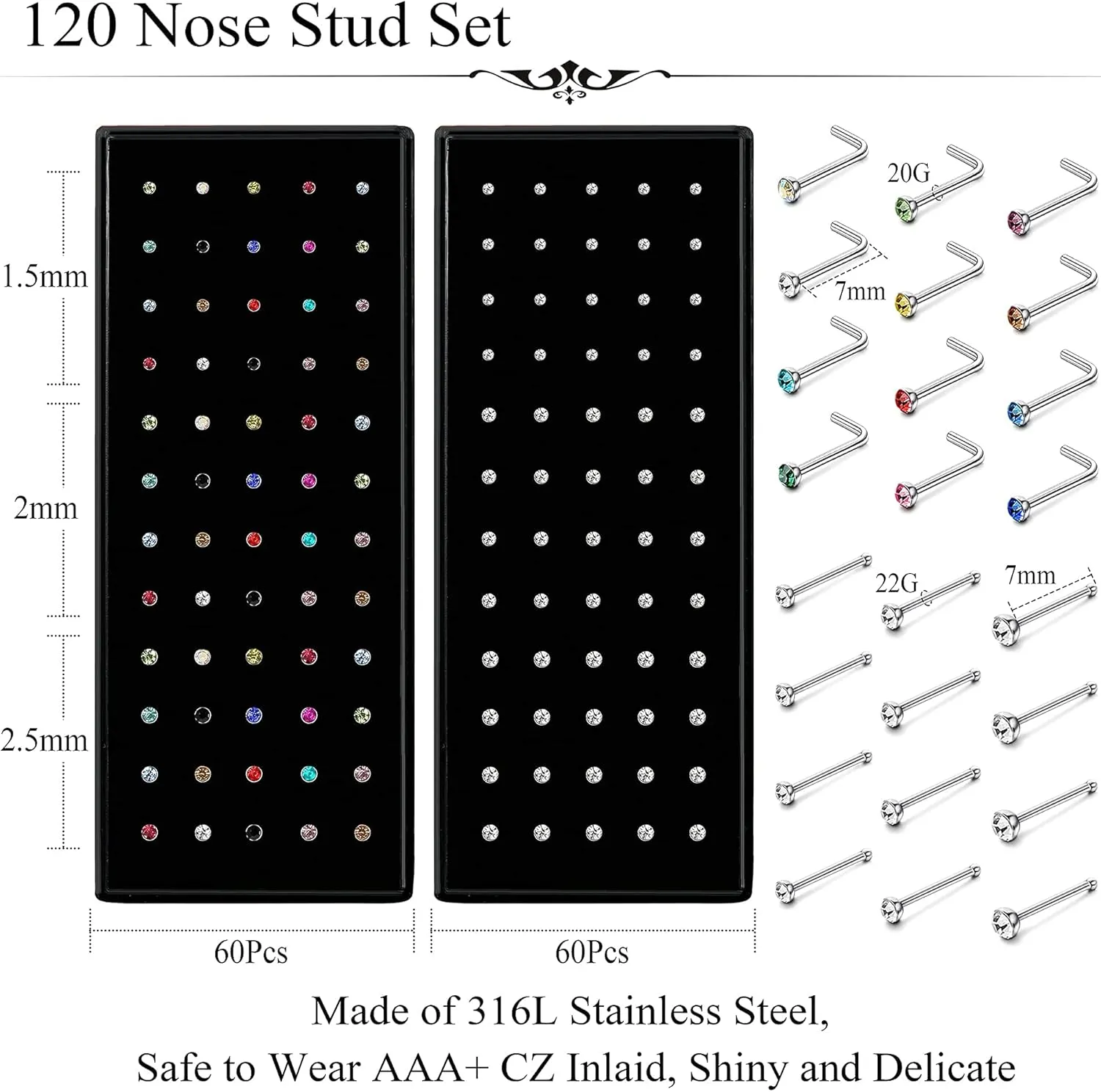 Ubjuliwa 160pcs 20G-22G 1.5mm 2mm 2.5mm Nose Studs Stainless Steel Nose Rings Studs Crystal Rhinestone Stud Nose Rings for Women Nose Piercing Jewelry