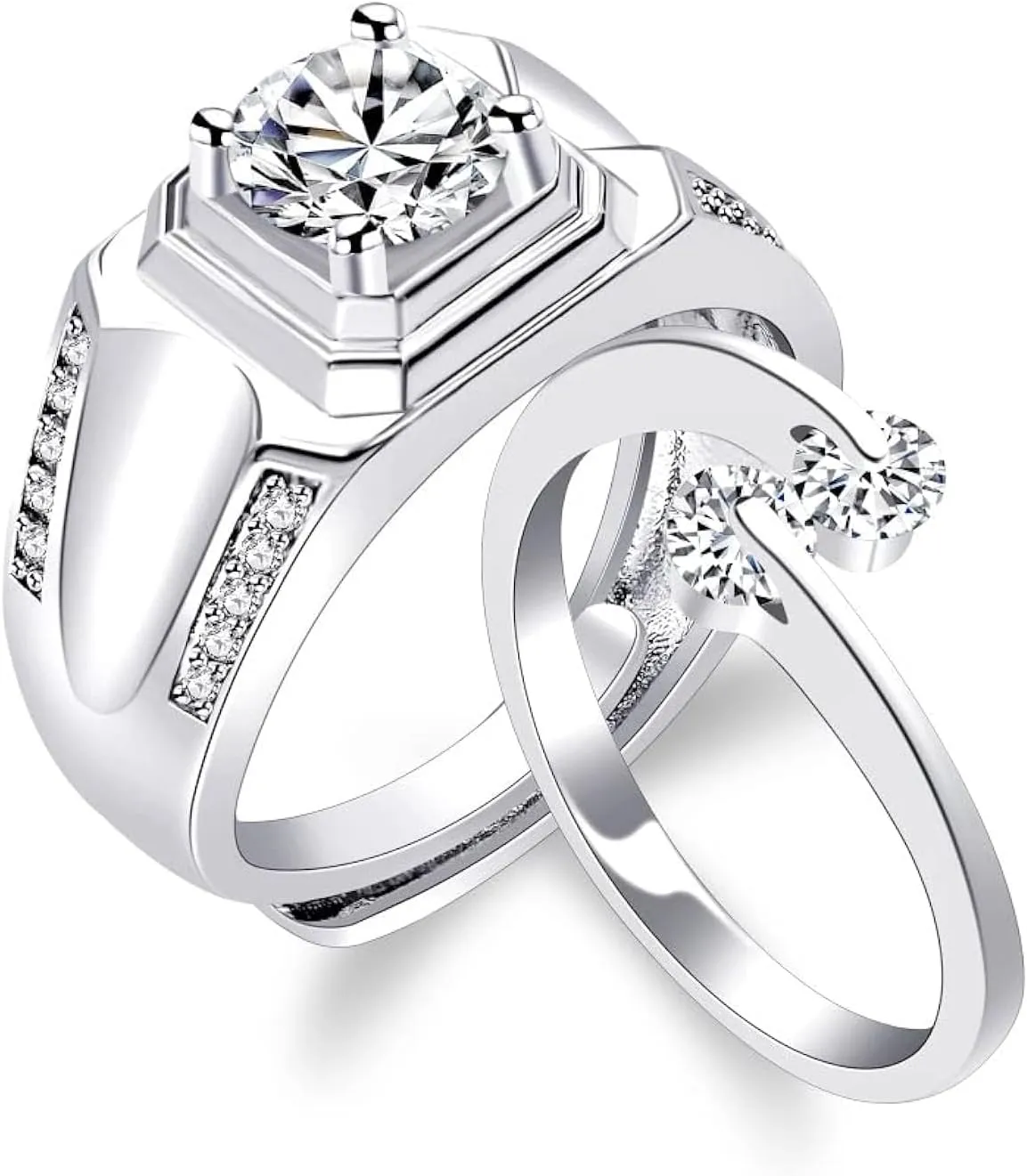 Uloveido 2 Resizable Rings Set for Couples, Platinum Plated Wedding Engagement Rings of 2 for Men and Women, Wide Band Created Diamond Rings for Boyfriend and friend Y3651