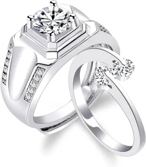 Uloveido 2 Resizable Rings Set for Couples, Platinum Plated Wedding Engagement Rings of 2 for Men and Women, Wide Band Created Diamond Rings for Boyfriend and friend Y3651