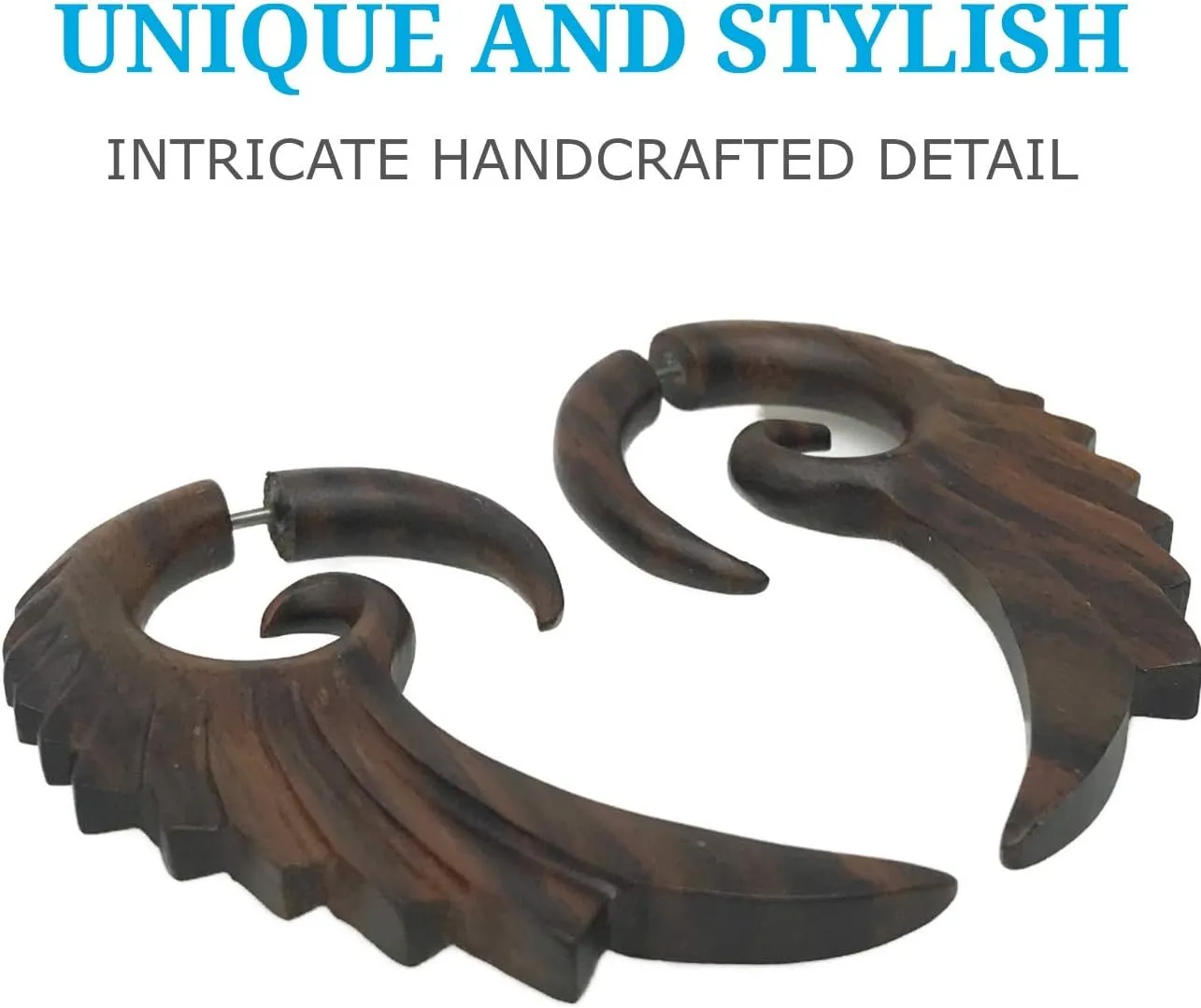 UMBRELLALABORATORY Tribal Organics Earrings Wooden Tropical Feathered Style Fake Gauges