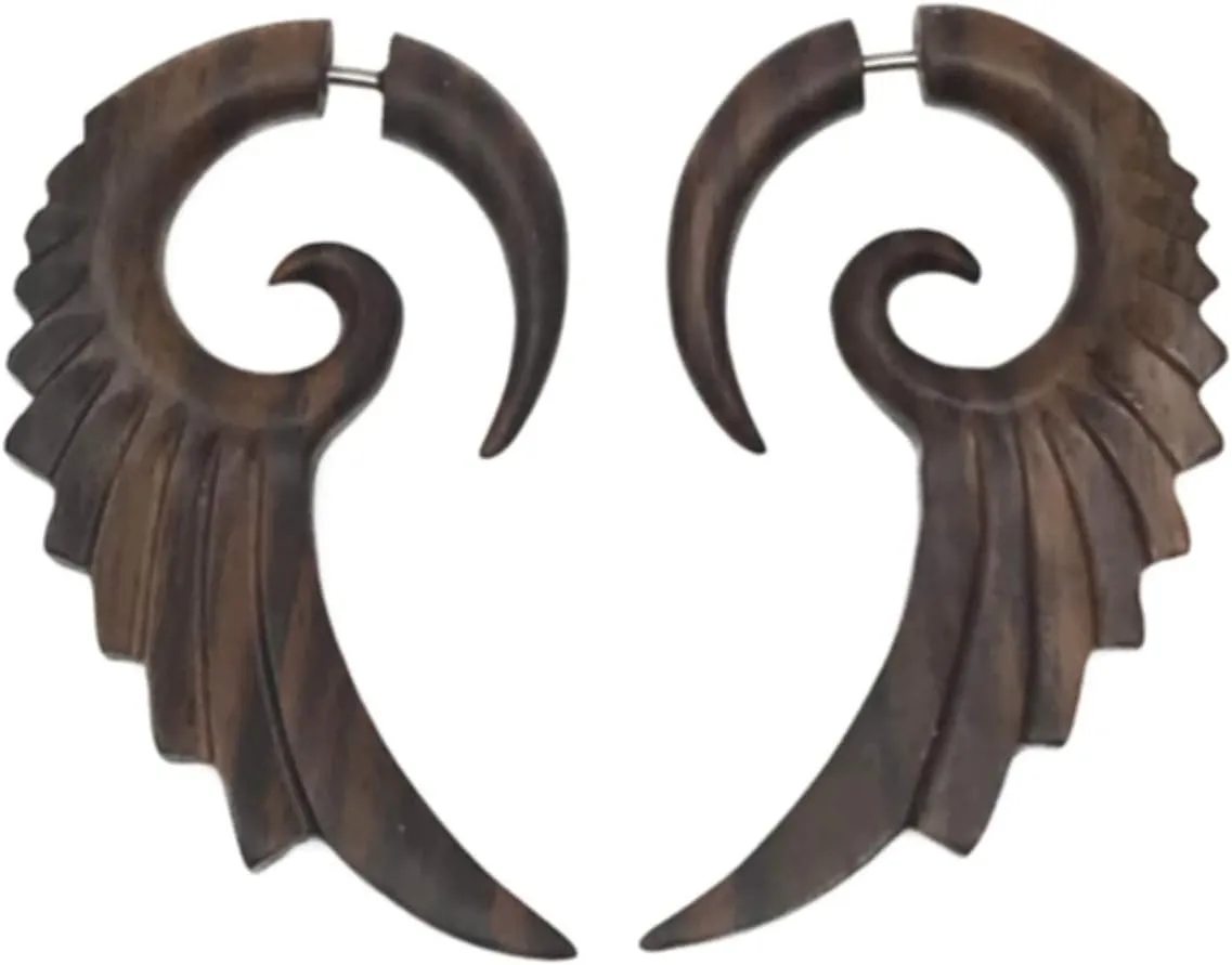 UMBRELLALABORATORY Tribal Organics Earrings Wooden Tropical Feathered Style Fake Gauges