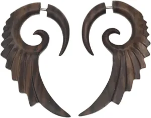 UMBRELLALABORATORY Tribal Organics Earrings Wooden Tropical Feathered Style Fake Gauges