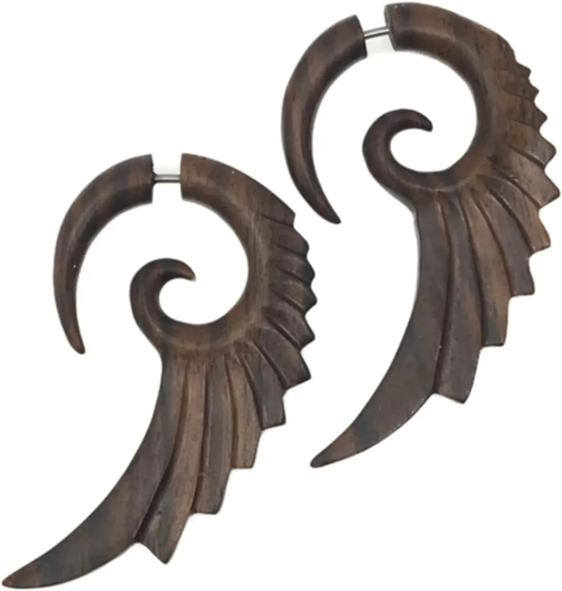 UMBRELLALABORATORY Tribal Organics Earrings Wooden Tropical Feathered Style Fake Gauges