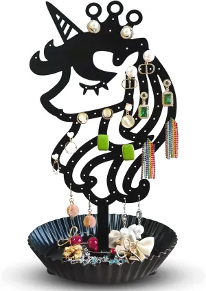 Unicorn Earring Holder Organizer Decor Stud Earrings Tree 81 Holes,Jewelry Earring Display,Metal Earring Storage Stand with Tray Gift for Teens Girls Kids Women (Black)