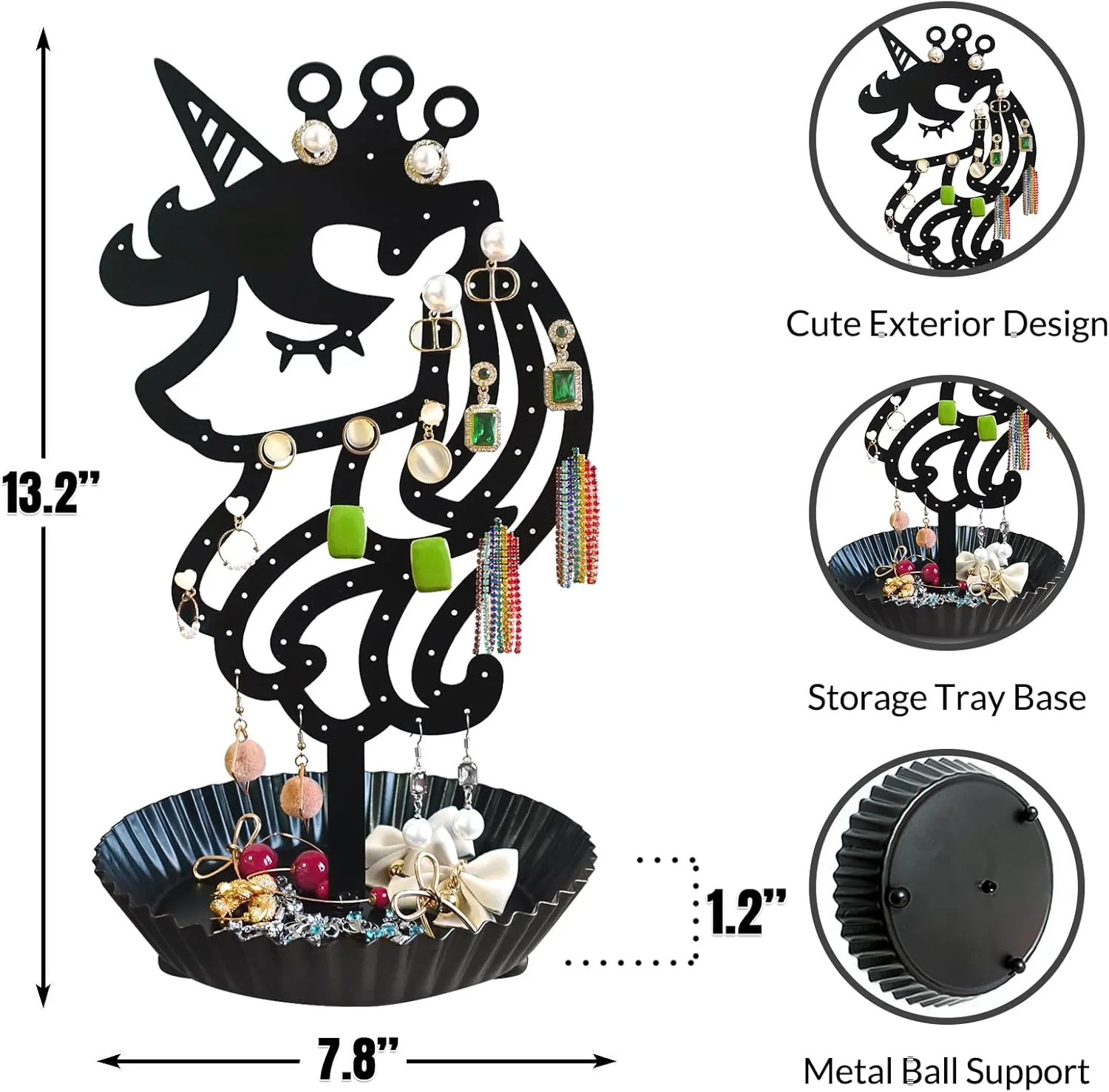 Unicorn Earring Holder Organizer Decor Stud Earrings Tree 81 Holes,Jewelry Earring Display,Metal Earring Storage Stand with Tray Gift for Teens Girls Kids Women (Black)
