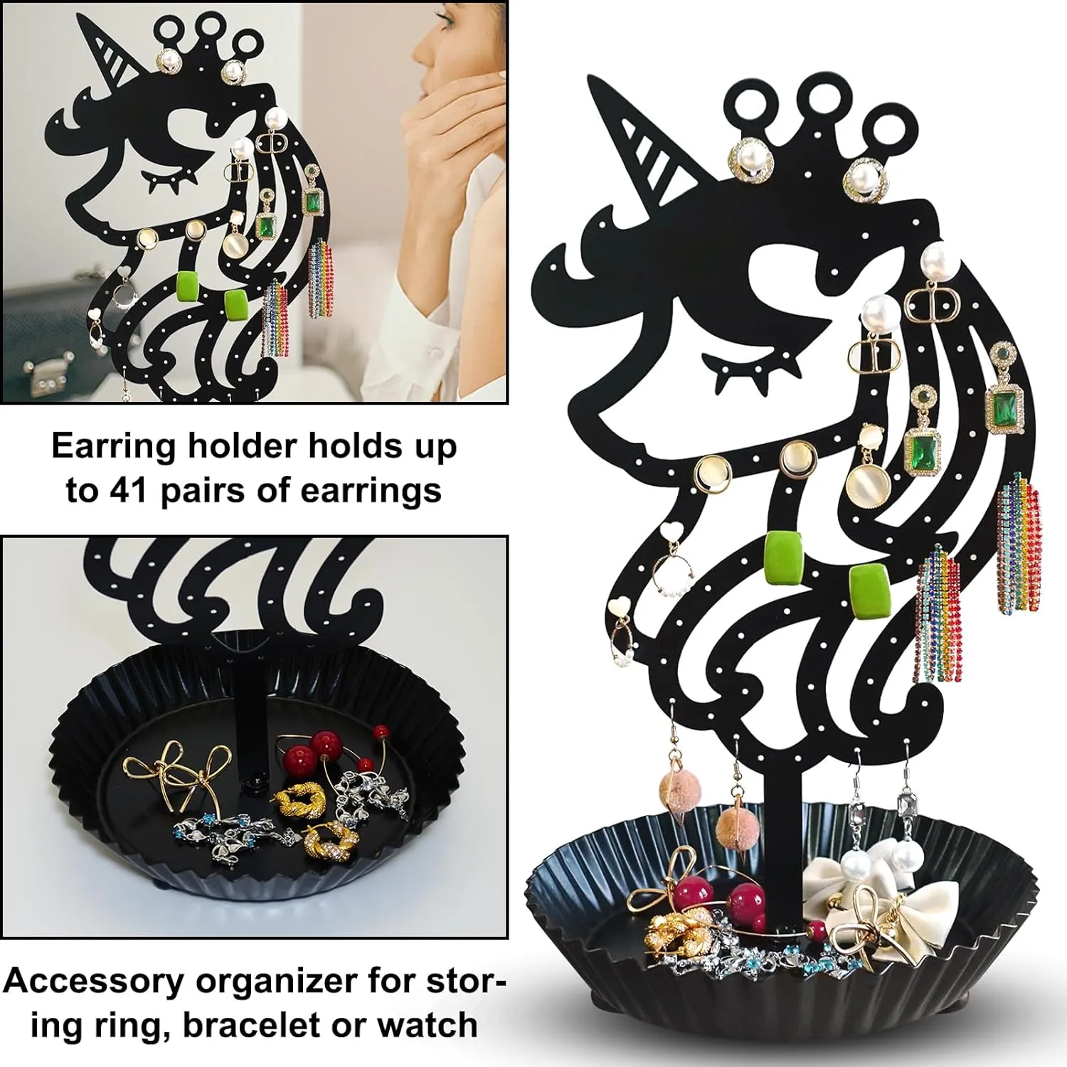 Unicorn Earring Holder Organizer Decor Stud Earrings Tree 81 Holes,Jewelry Earring Display,Metal Earring Storage Stand with Tray Gift for Teens Girls Kids Women (Black)