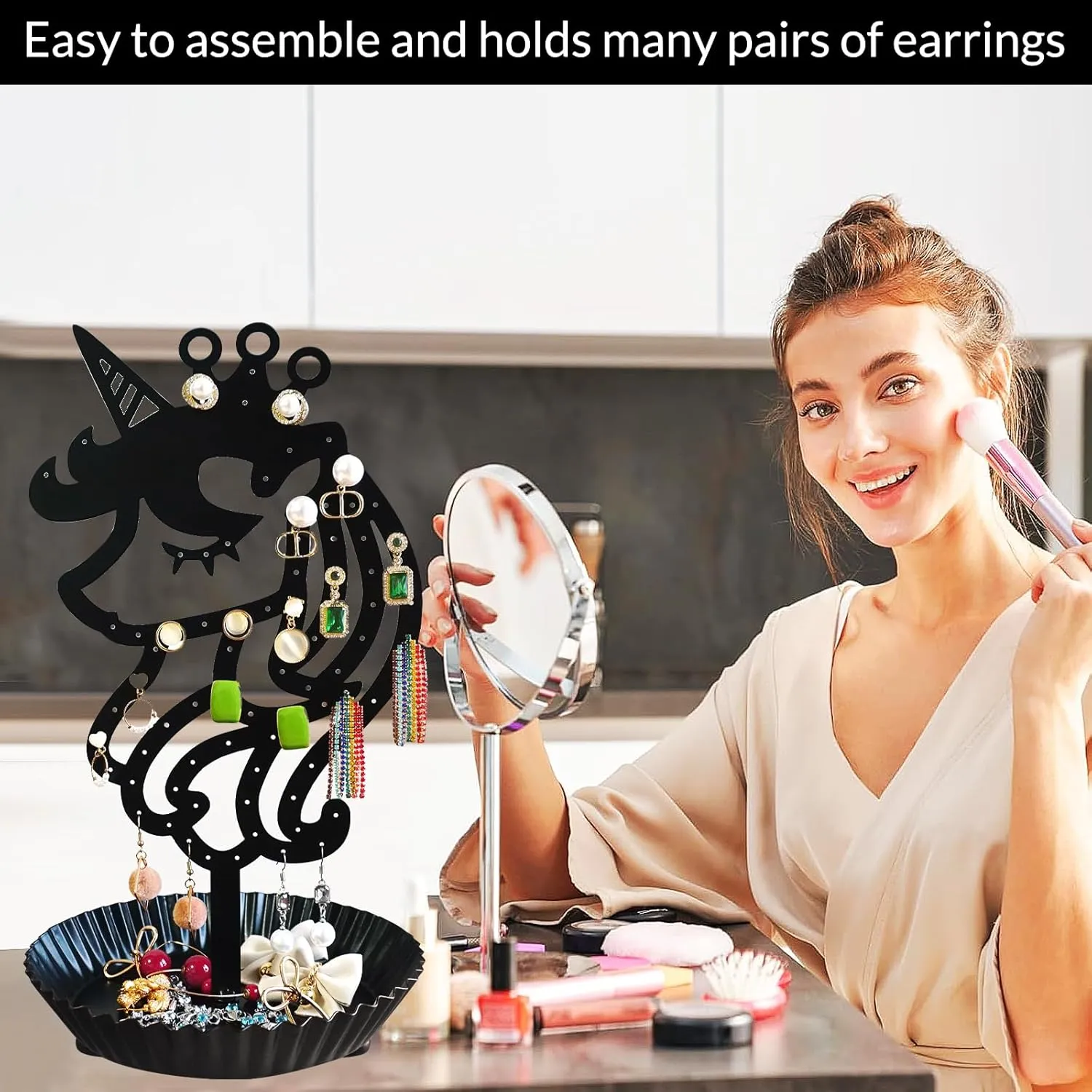 Unicorn Earring Holder Organizer Decor Stud Earrings Tree 81 Holes,Jewelry Earring Display,Metal Earring Storage Stand with Tray Gift for Teens Girls Kids Women (Black)