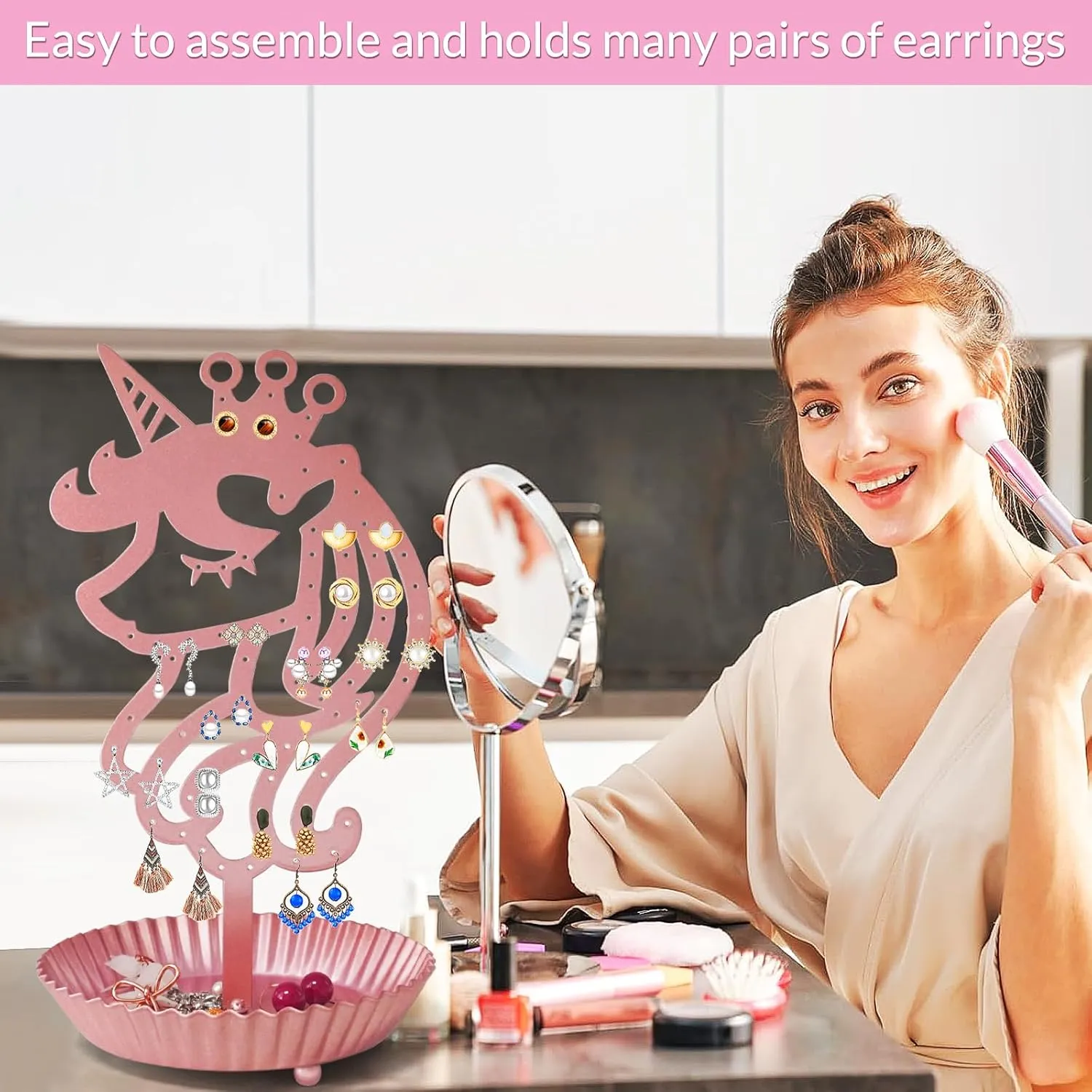 Unicorn Earring Holder Organizer Decor Stud Earrings Tree 81 Holes,Jewelry Earring Display,Metal Earring Storage Stand with Tray Gift for Teens Girls Kids Women (Pink)
