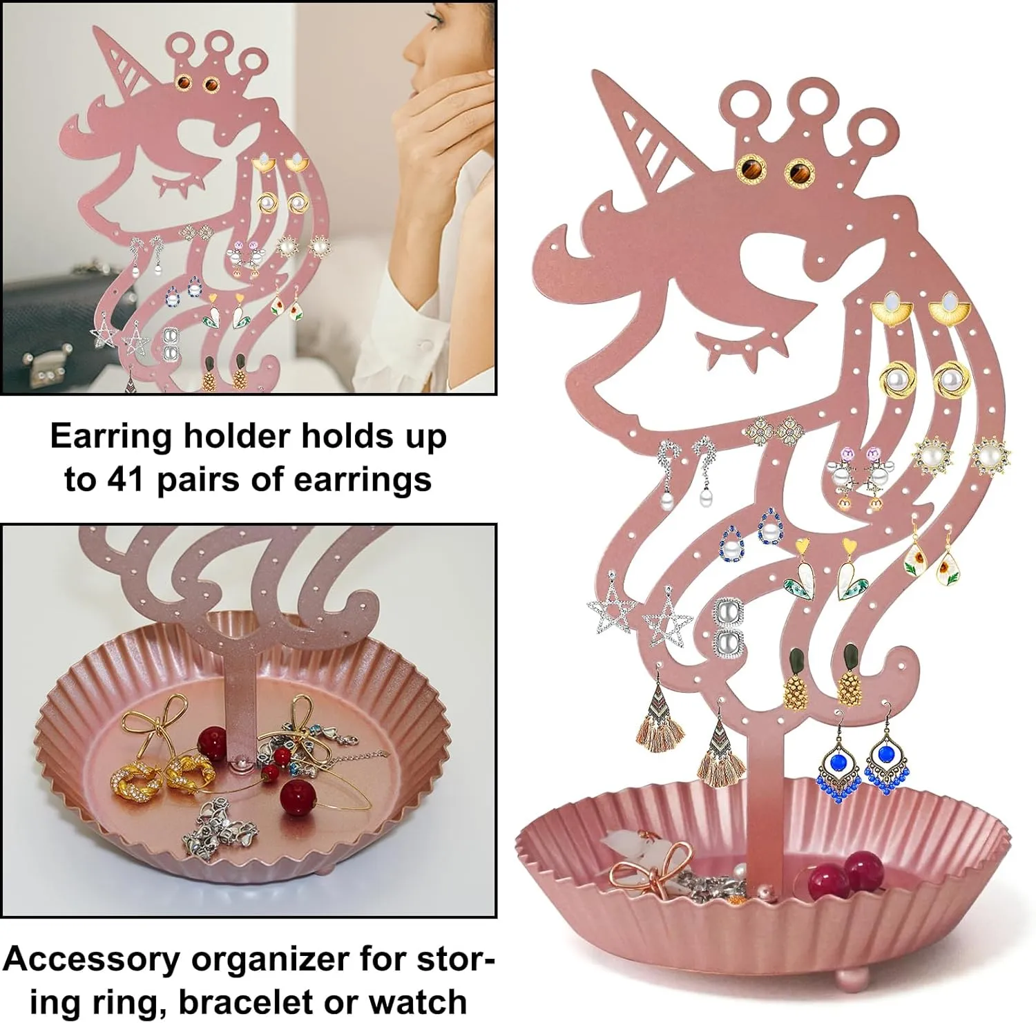 Unicorn Earring Holder Organizer Decor Stud Earrings Tree 81 Holes,Jewelry Earring Display,Metal Earring Storage Stand with Tray Gift for Teens Girls Kids Women (Pink)