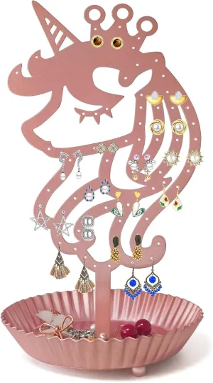 Unicorn Earring Holder Organizer Decor Stud Earrings Tree 81 Holes,Jewelry Earring Display,Metal Earring Storage Stand with Tray Gift for Teens Girls Kids Women (Pink)