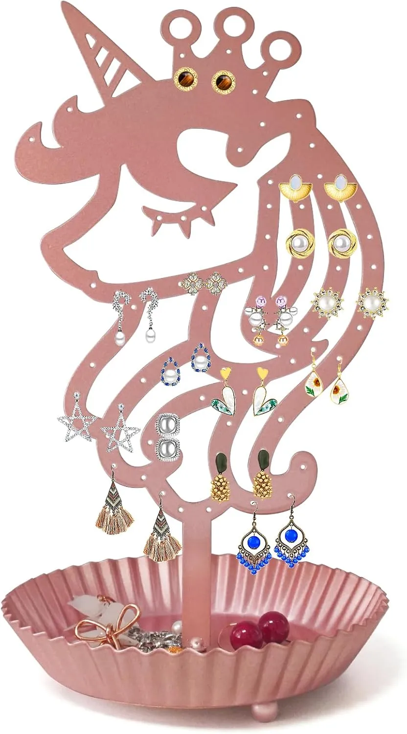 Unicorn Earring Holder Organizer Decor Stud Earrings Tree 81 Holes,Jewelry Earring Display,Metal Earring Storage Stand with Tray Gift for Teens Girls Kids Women (Pink)