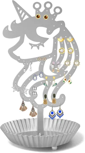 Unicorn Earring Holder Organizer Decor Stud Earrings Tree 81 Holes,Jewelry Earring Display,Metal Earring Storage Stand with Tray Gift for Teens Girls Kids Women (Silvery)