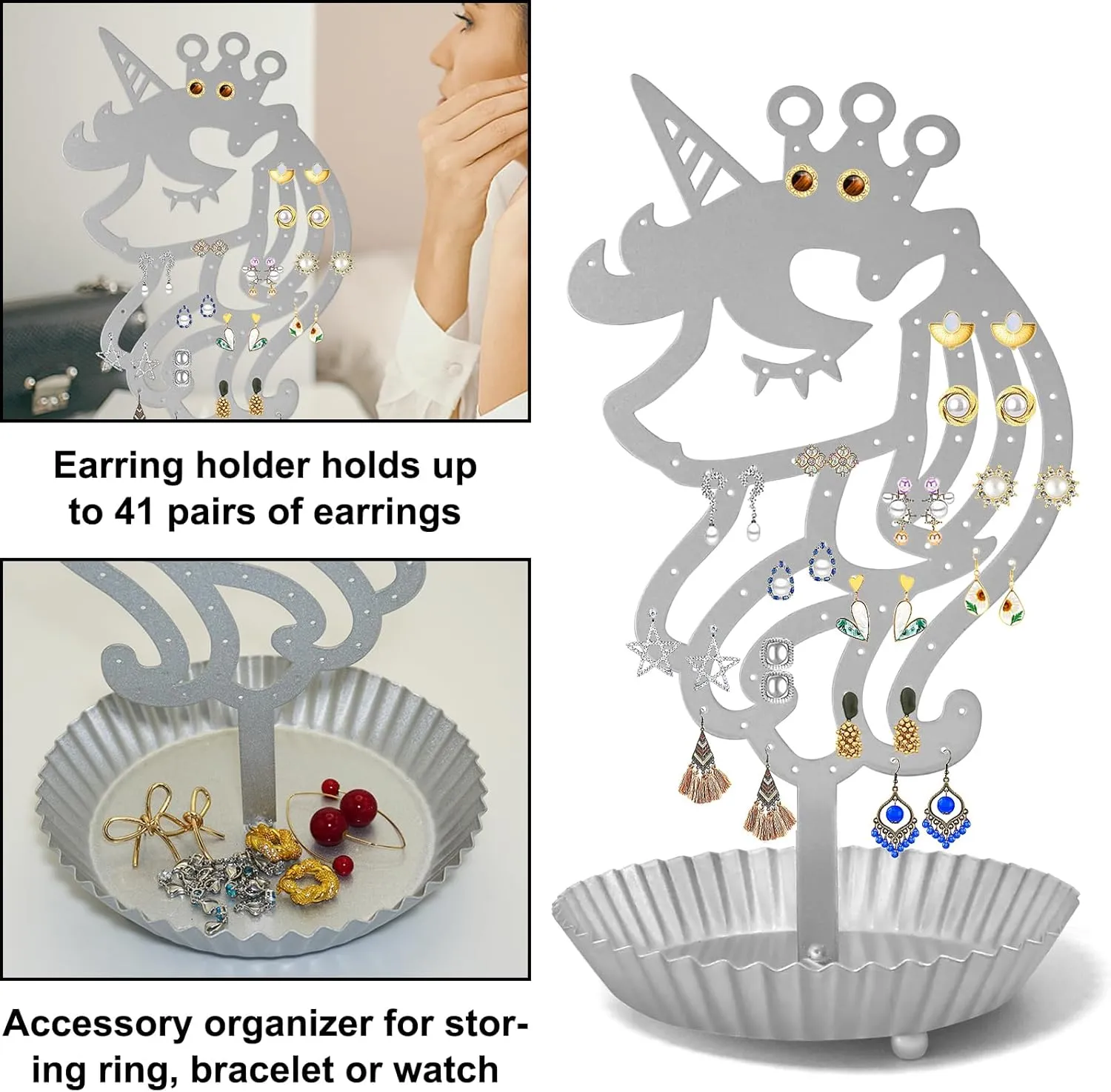 Unicorn Earring Holder Organizer Decor Stud Earrings Tree 81 Holes,Jewelry Earring Display,Metal Earring Storage Stand with Tray Gift for Teens Girls Kids Women (Silvery)