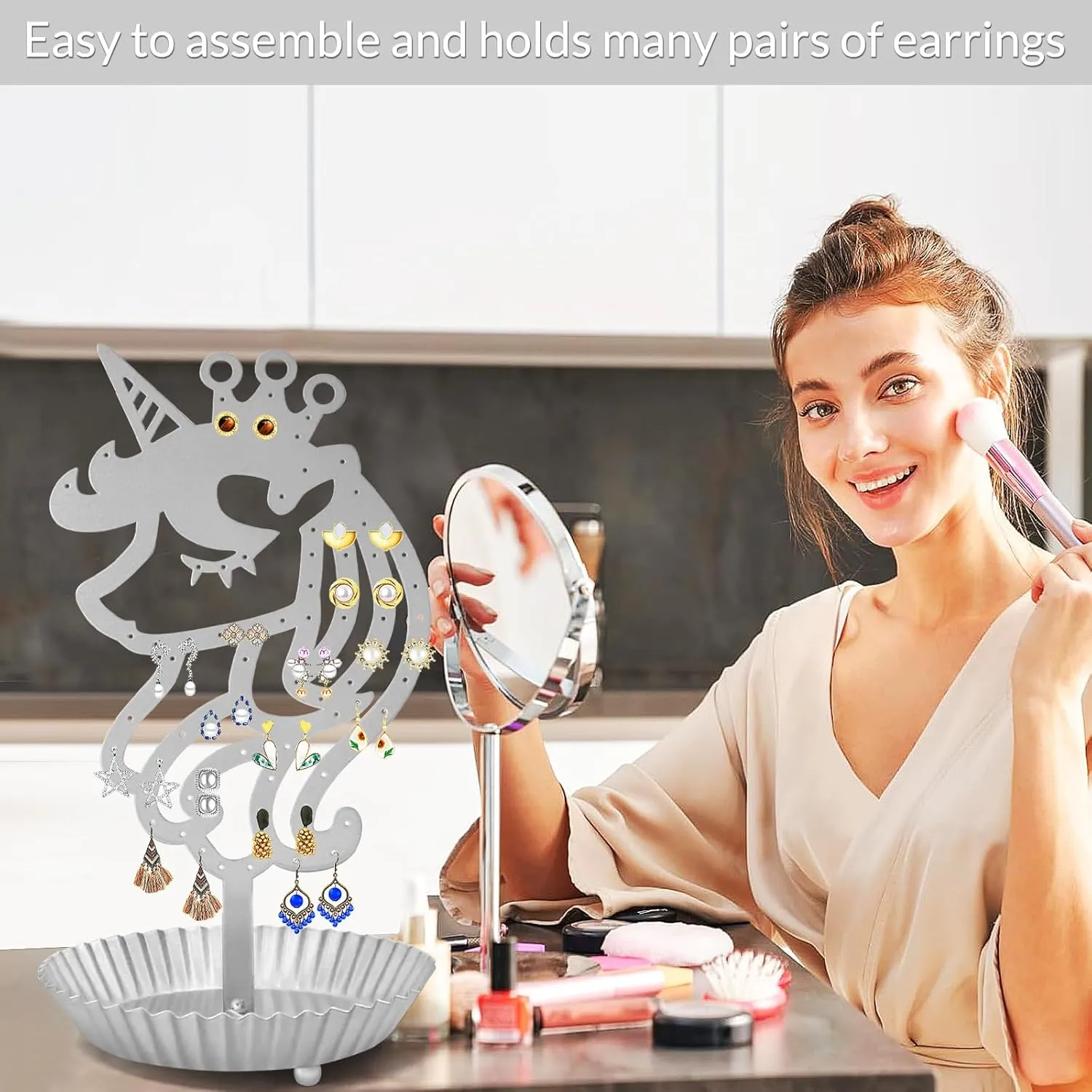 Unicorn Earring Holder Organizer Decor Stud Earrings Tree 81 Holes,Jewelry Earring Display,Metal Earring Storage Stand with Tray Gift for Teens Girls Kids Women (Silvery)