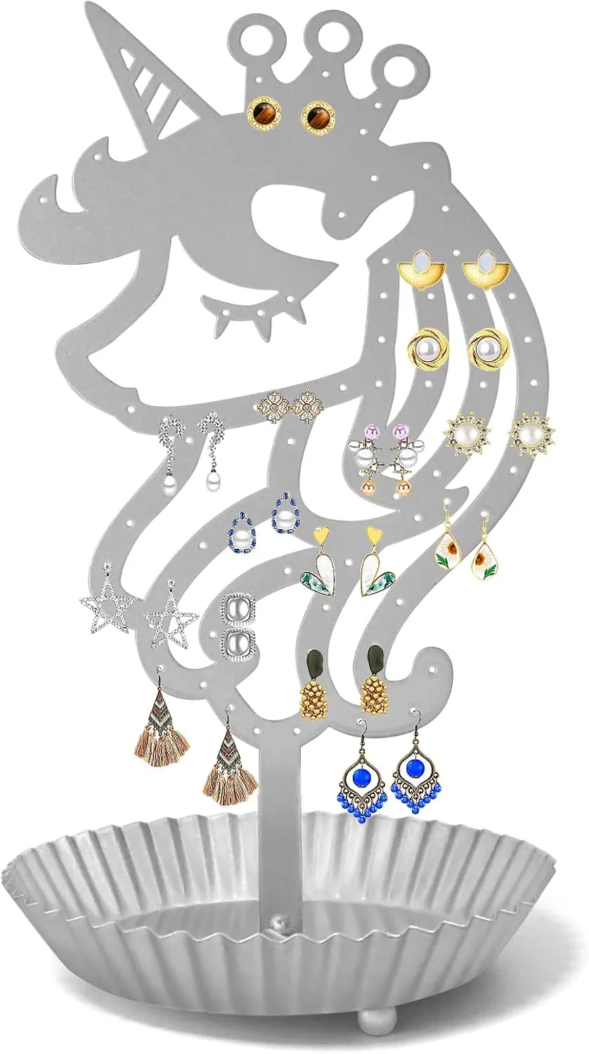 Unicorn Earring Holder Organizer Decor Stud Earrings Tree 81 Holes,Jewelry Earring Display,Metal Earring Storage Stand with Tray Gift for Teens Girls Kids Women (Silvery)