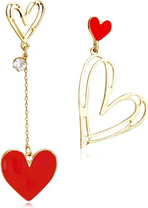 Unique Dainty 14K Gold Plated Asymmetry Red Hollow Heart Dangle Drop Earrings Chic Cute Mismatch Green Love Heart Stud Earrings for Women Mom Minimalist Hypoallergenic Jewelry Valentine's Day Gifts