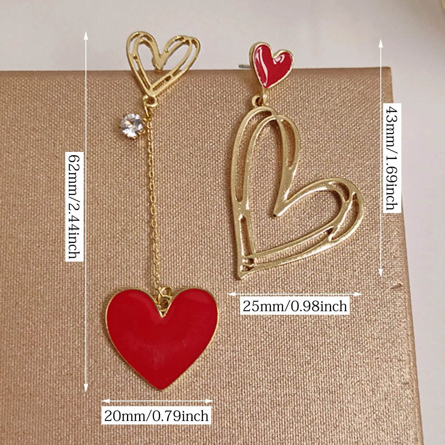 Unique Dainty 14K Gold Plated Asymmetry Red Hollow Heart Dangle Drop Earrings Chic Cute Mismatch Green Love Heart Stud Earrings for Women Mom Minimalist Hypoallergenic Jewelry Valentine's Day Gifts