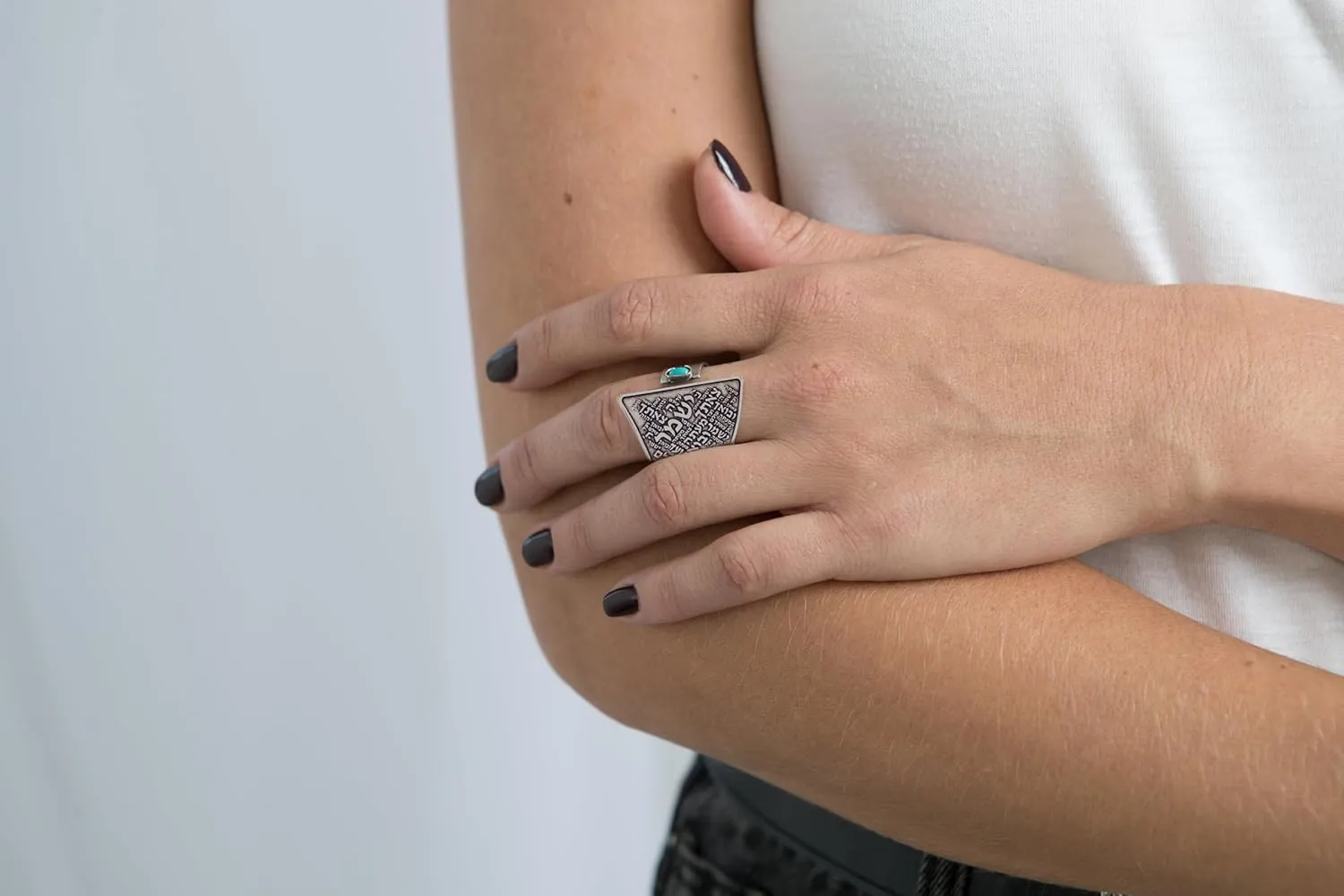 Unique Silver Ring For Women, Hebrew Ring Engraved With Jewish Prayer, Sterling Silver Open Adjustable Turquoise Statement Ring, Unique Handmade Kabbalah Jewish Jewelry, Israeli Spiritual Gift