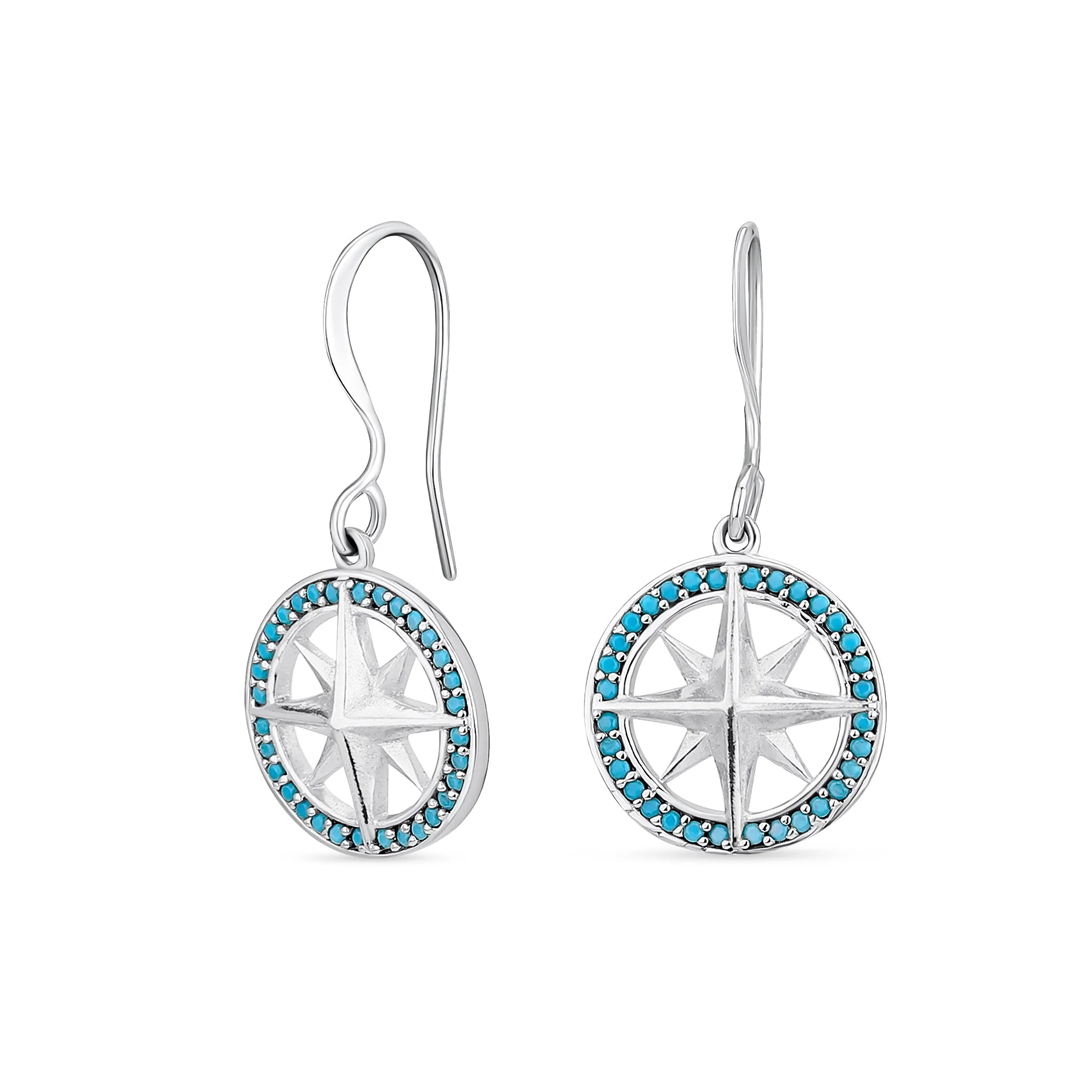 Unisex Viking Disc Medallion Dangle Earrings Blue Enamel Sterling Silver Compass