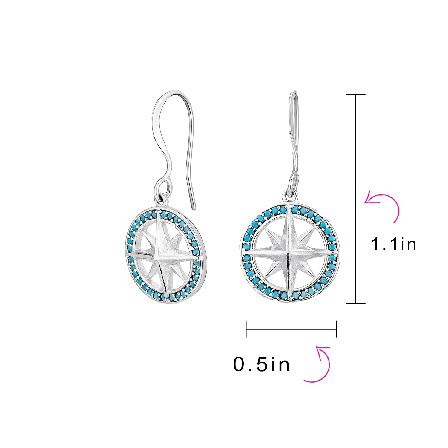 Unisex Viking Disc Medallion Dangle Earrings Blue Enamel Sterling Silver Compass
