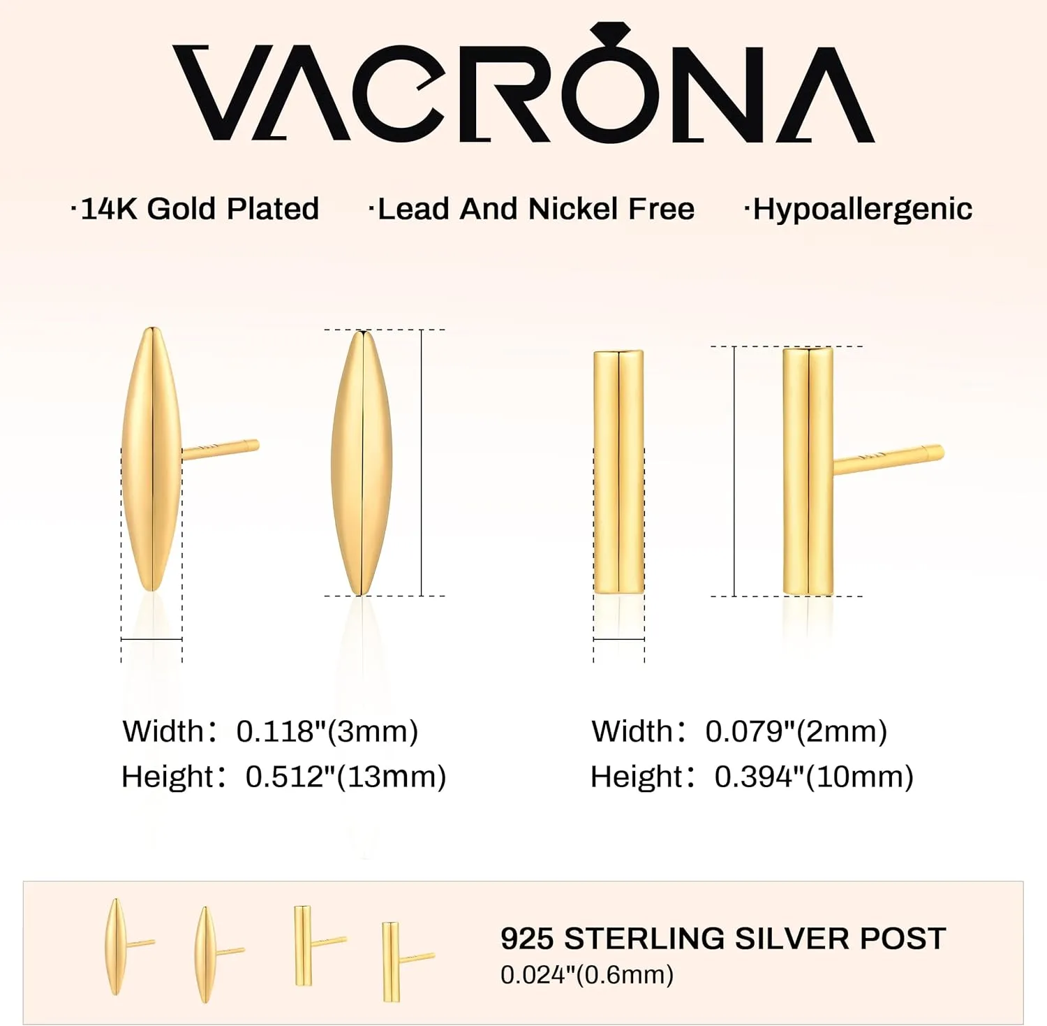 VACRONA 14K Gold Plated Stud Earrings Small Bar, Dot, Square, Teardrop, Triangle, Circle, Rhombus Sterling Silver Post Studs Set for Women