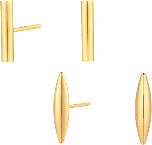 VACRONA 14K Gold Plated Stud Earrings Small Bar, Dot, Square, Teardrop, Triangle, Circle, Rhombus Sterling Silver Post Studs Set for Women