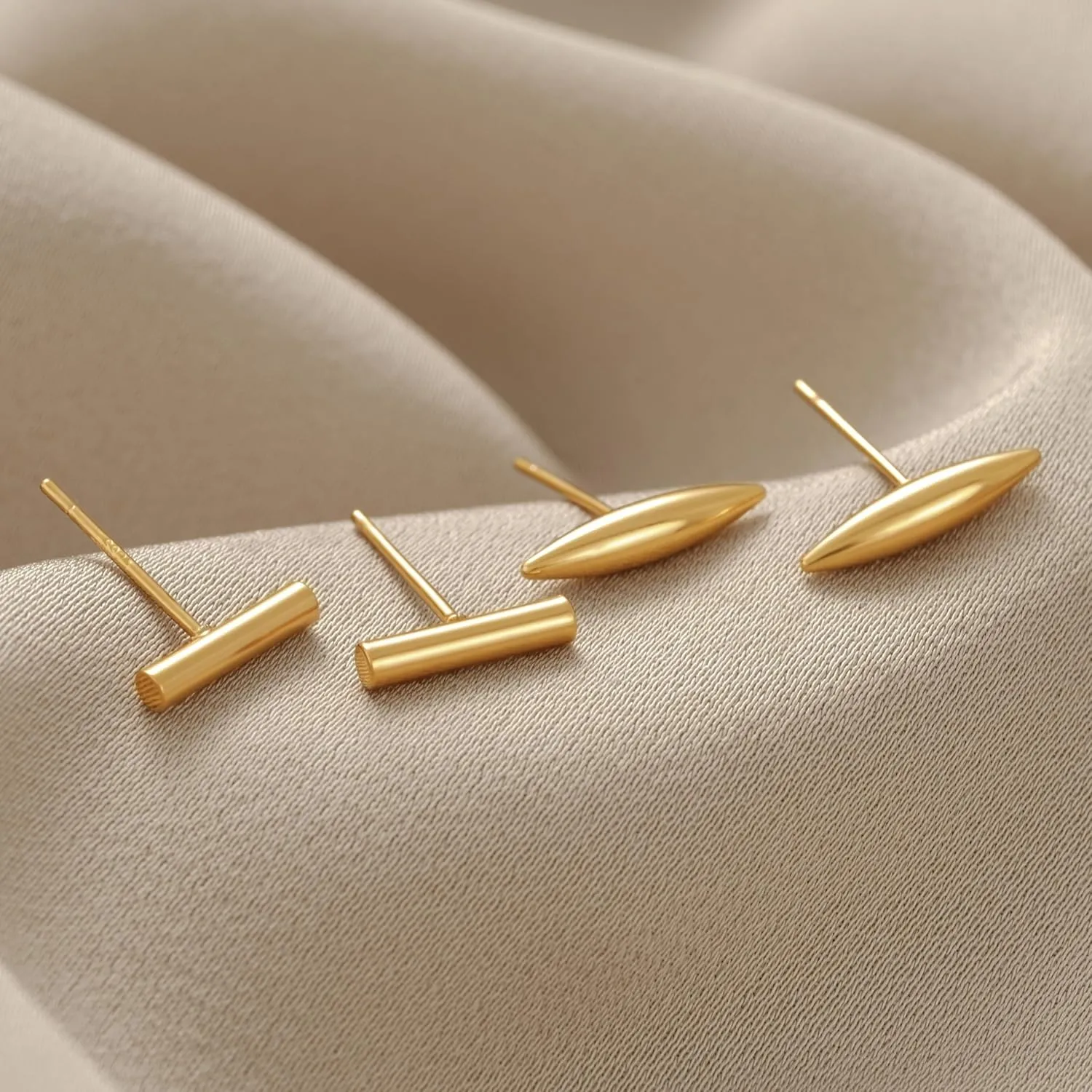 VACRONA 14K Gold Plated Stud Earrings Small Bar, Dot, Square, Teardrop, Triangle, Circle, Rhombus Sterling Silver Post Studs Set for Women