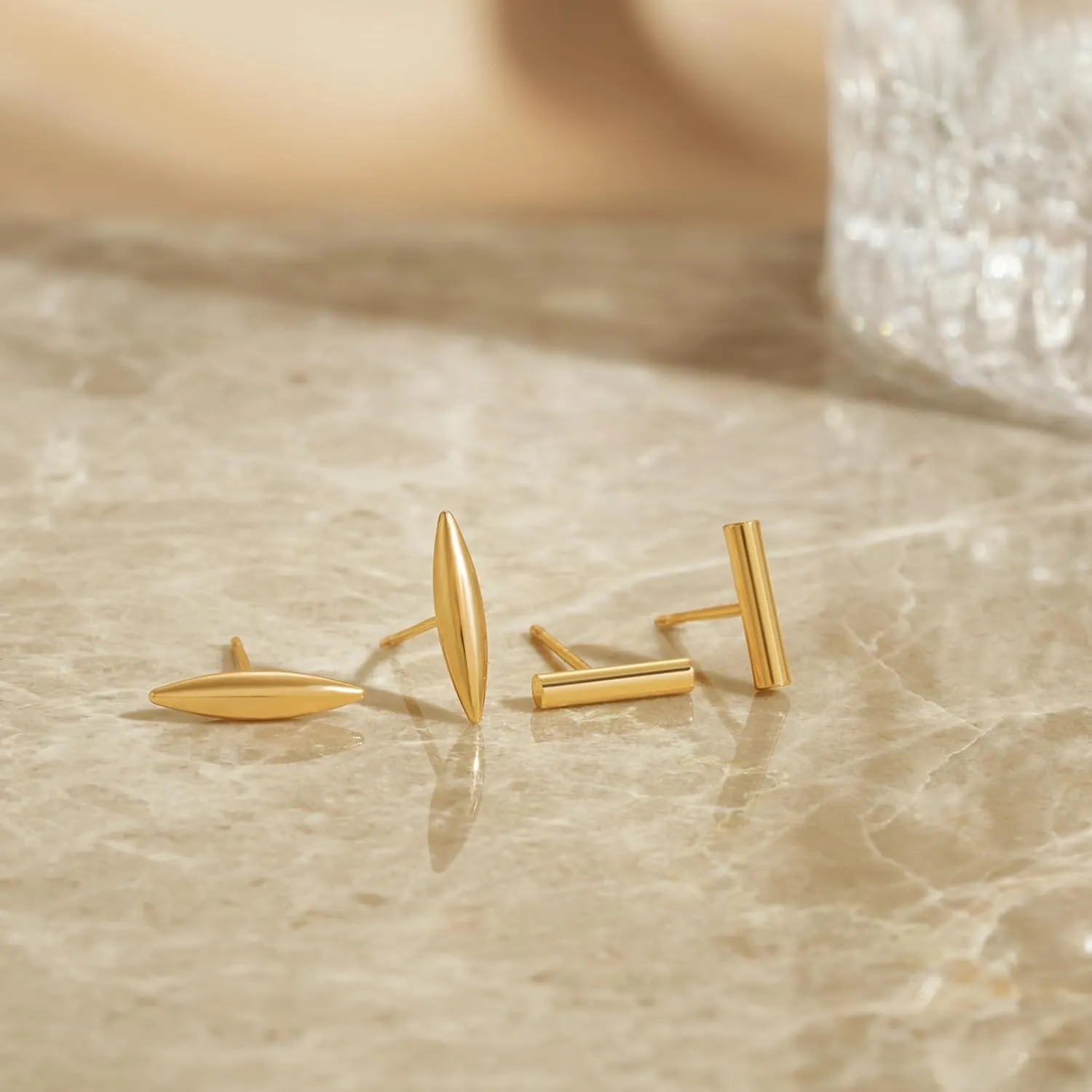 VACRONA 14K Gold Plated Stud Earrings Small Bar, Dot, Square, Teardrop, Triangle, Circle, Rhombus Sterling Silver Post Studs Set for Women