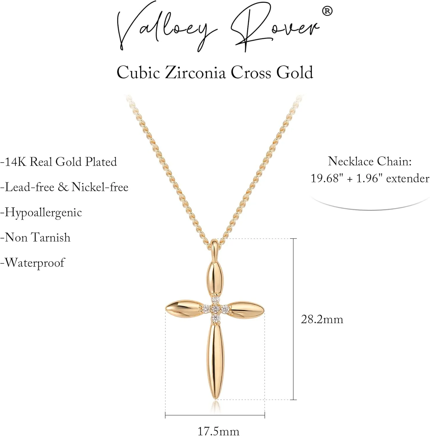 Valloey Rover Cross Necklace for Women,Dainty 14K Real Gold Plated Diamond Cubic Zirconia Cross Crucifix Faith Pendant Necklace Trendy Christian Easter Basket Essentials Stuffers Religious Jewelry Gifts for Women Mom