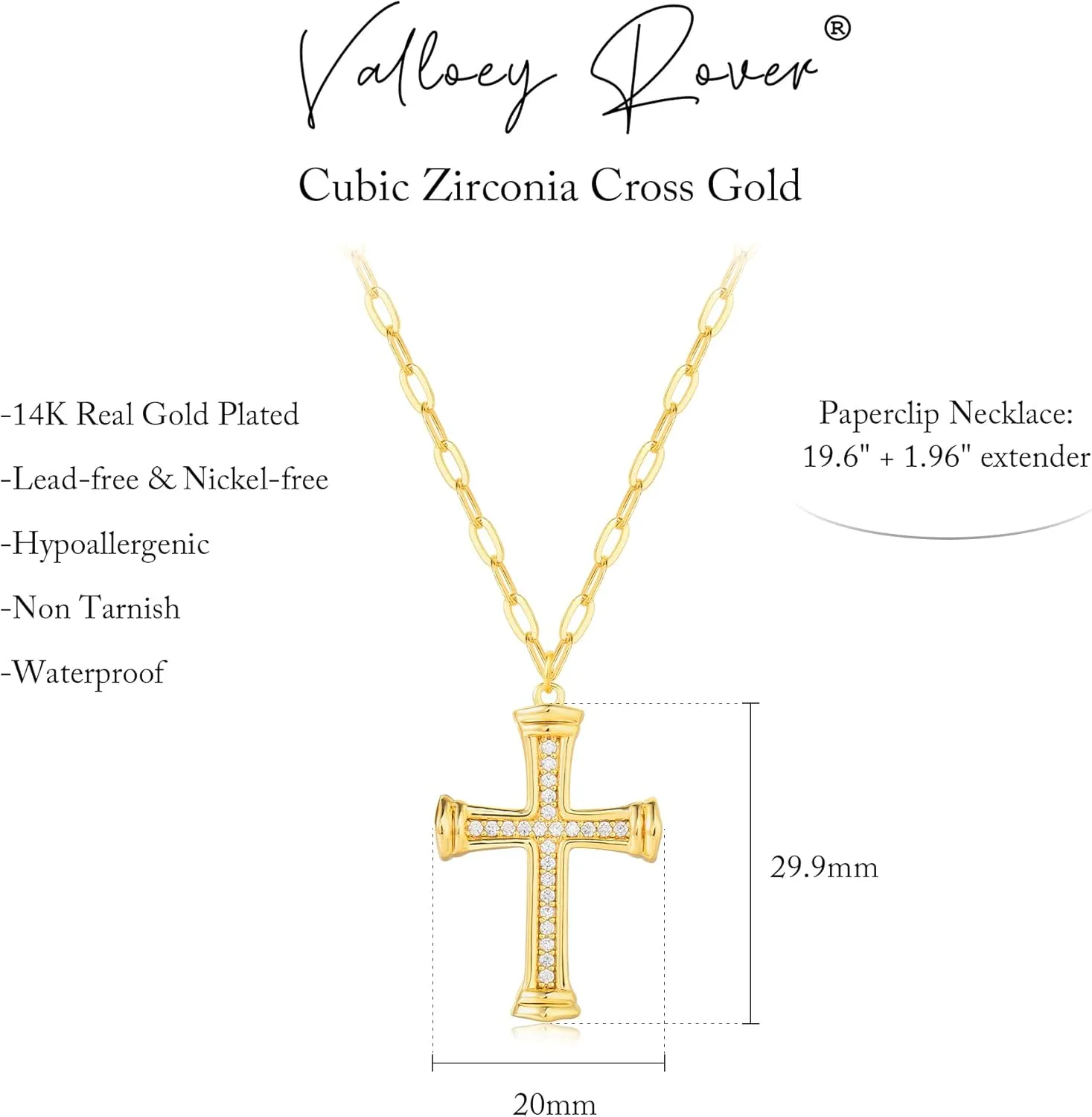 Valloey Rover Cross Necklace for Women,Dainty 14K Real Gold Plated Diamond Cubic Zirconia Cross Crucifix Faith Pendant Necklace Trendy Christian Easter Basket Essentials Stuffers Religious Jewelry Gifts for Women Mom