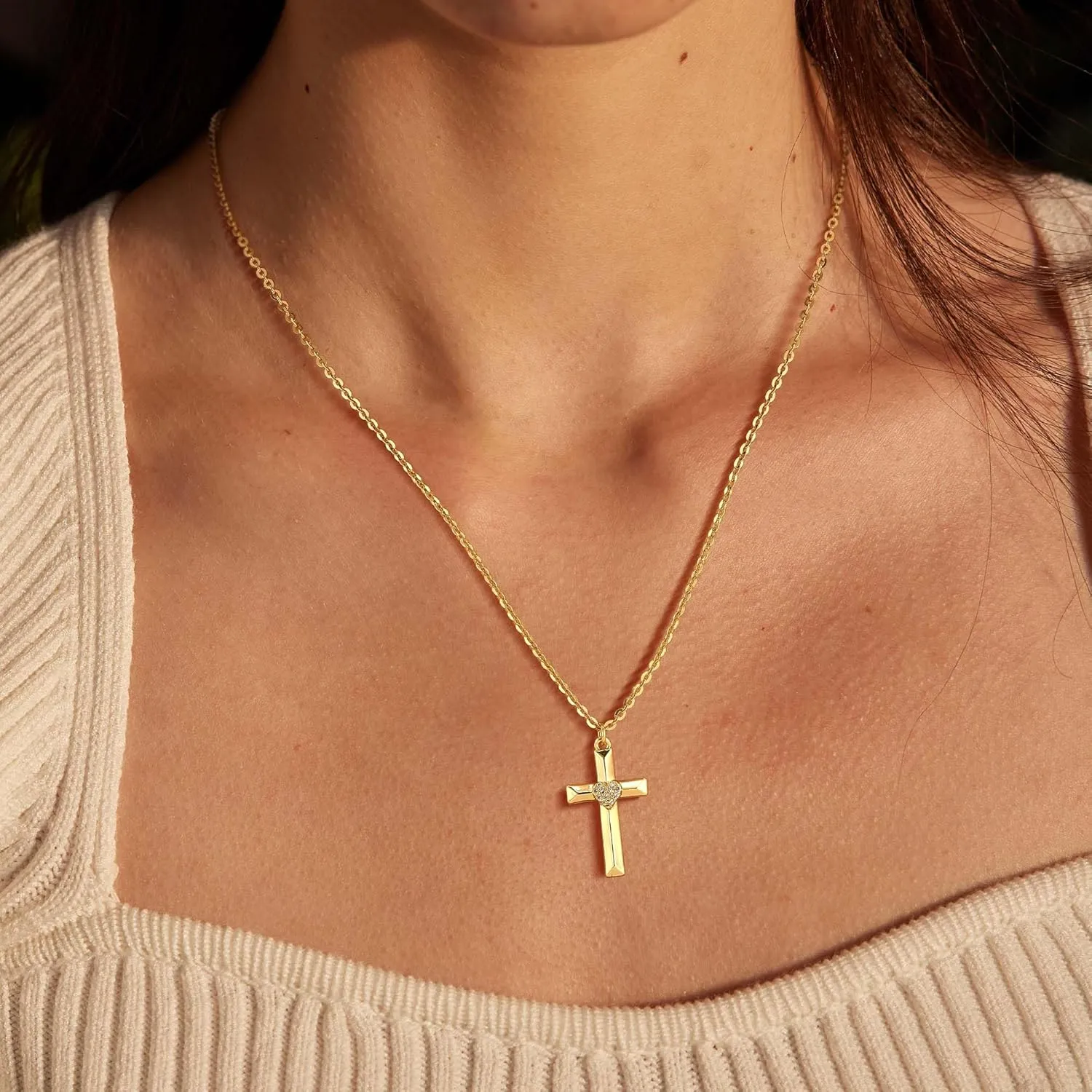 Valloey Rover Cross Necklace for Women,Dainty 14K Real Gold Plated Diamond Cubic Zirconia Cross Crucifix Faith Pendant Necklace Trendy Christian Easter Basket Essentials Stuffers Religious Jewelry Gifts for Women Mom