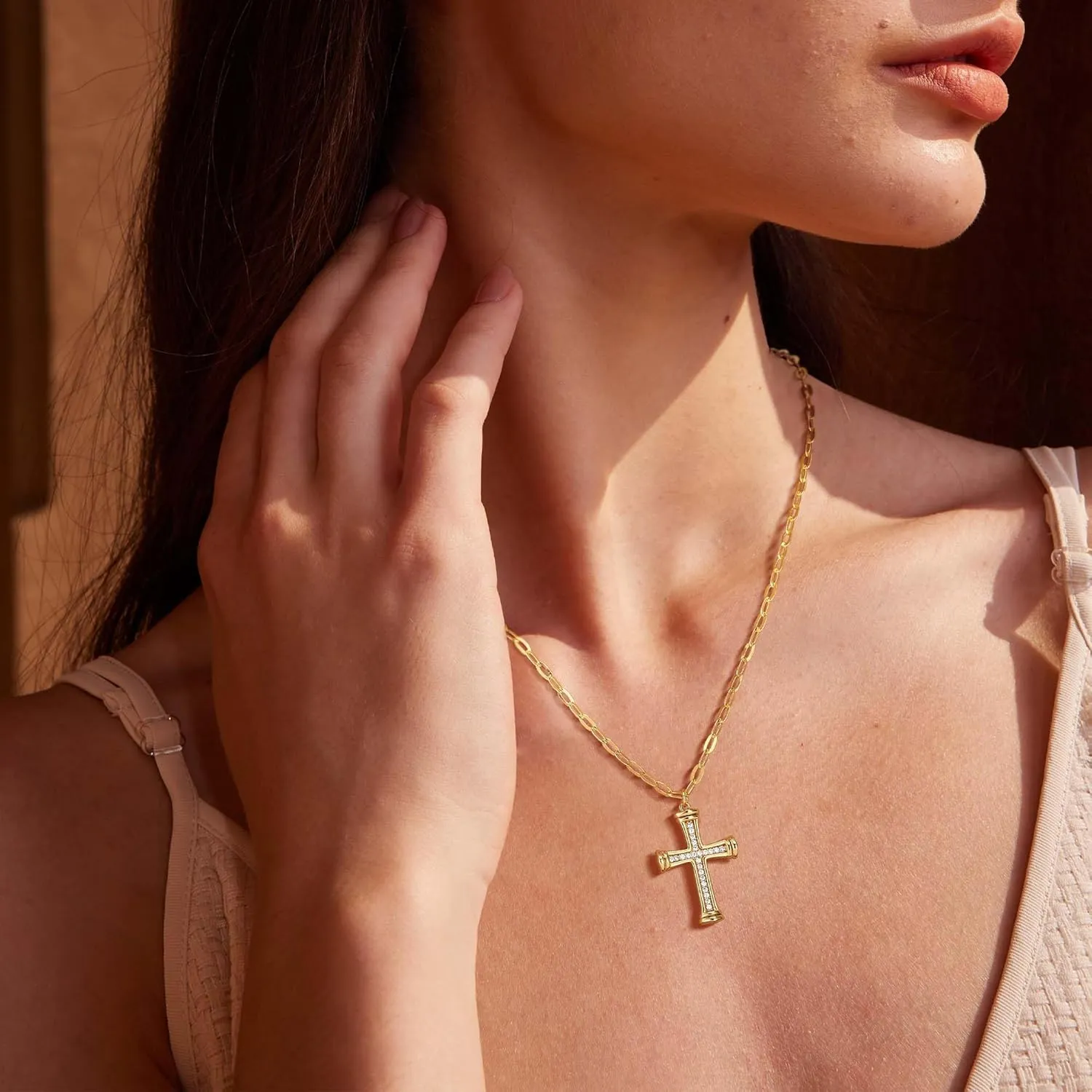 Valloey Rover Cross Necklace for Women,Dainty 14K Real Gold Plated Diamond Cubic Zirconia Cross Crucifix Faith Pendant Necklace Trendy Christian Easter Basket Essentials Stuffers Religious Jewelry Gifts for Women Mom