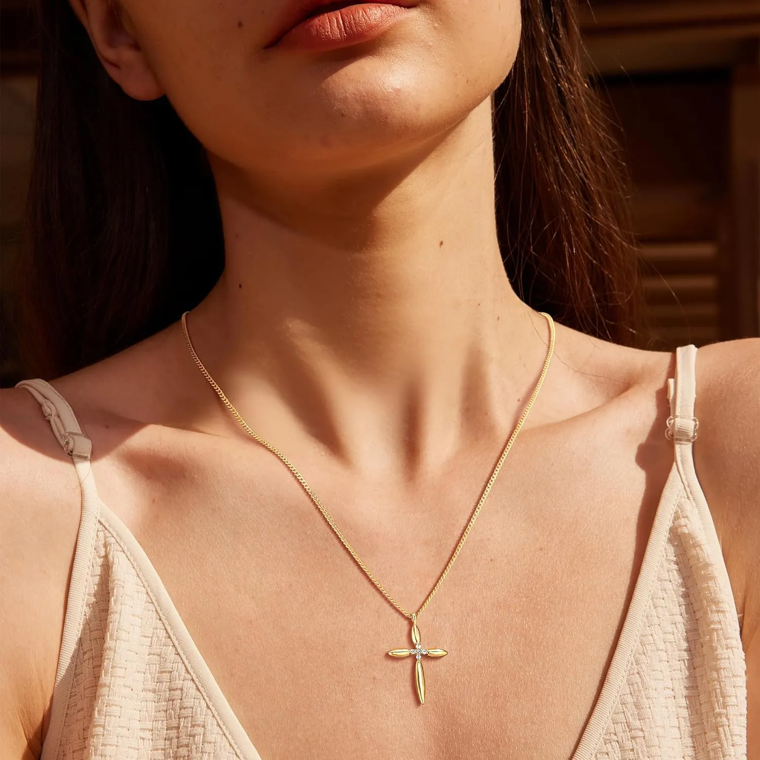 Valloey Rover Cross Necklace for Women,Dainty 14K Real Gold Plated Diamond Cubic Zirconia Cross Crucifix Faith Pendant Necklace Trendy Christian Easter Basket Essentials Stuffers Religious Jewelry Gifts for Women Mom