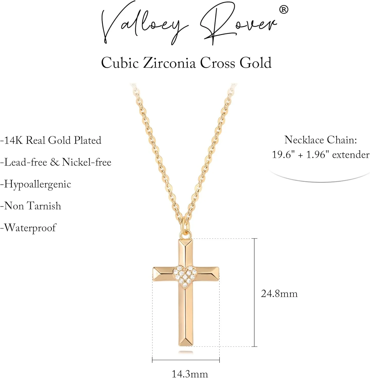 Valloey Rover Cross Necklace for Women,Dainty 14K Real Gold Plated Diamond Cubic Zirconia Cross Crucifix Faith Pendant Necklace Trendy Christian Easter Basket Essentials Stuffers Religious Jewelry Gifts for Women Mom