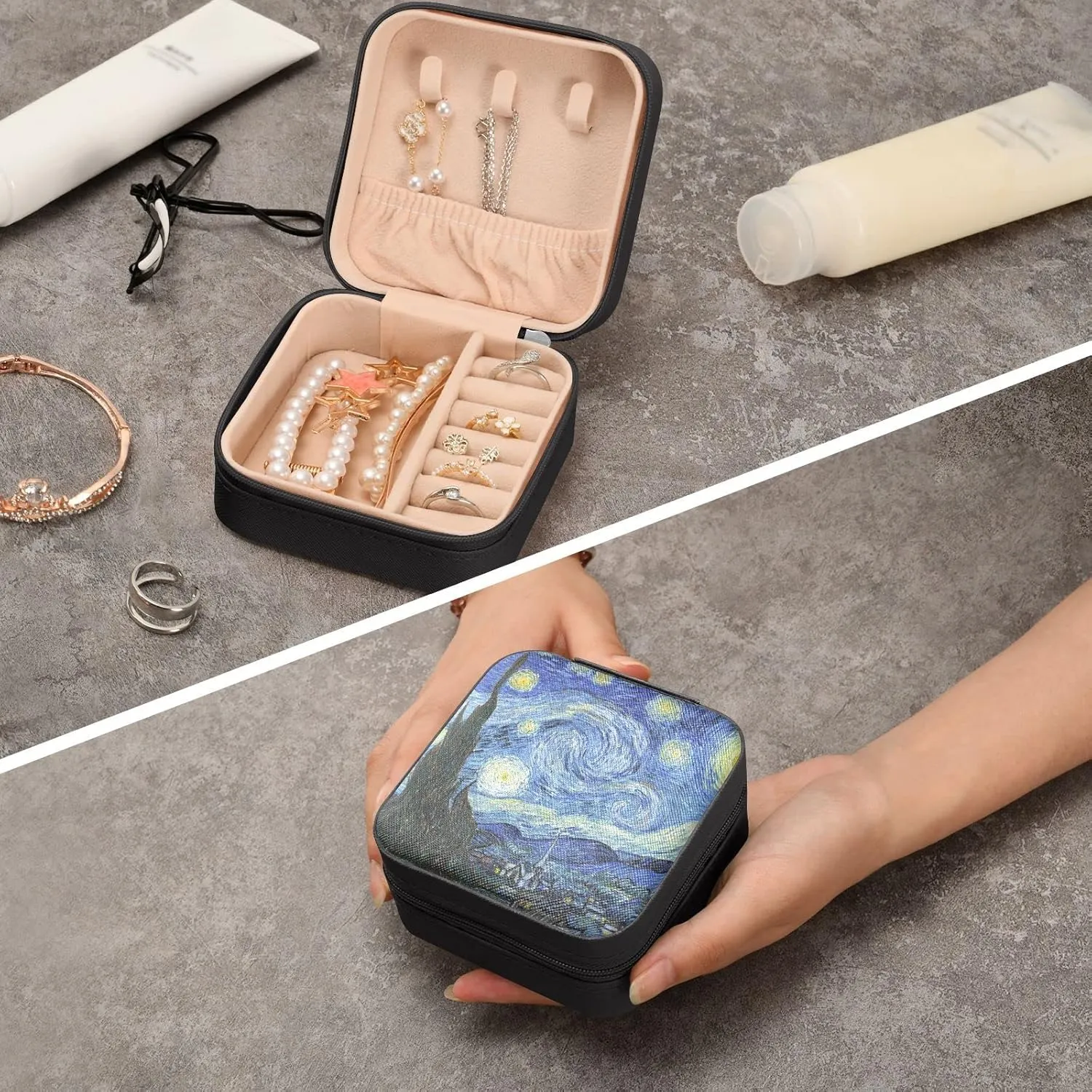 Van gogh Starry Night Blue Travel Jewelry Case Jewelry Box Organizer for Women Girls Man Small Mini Portable Jewelry Storage Box for Earring Ring Necklace