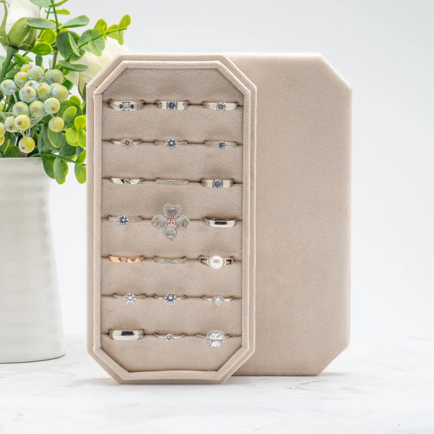 Velvet Ring Organizer Display Tray Jewelry Box Earring Holder Case for Wedding Birthday Christmas Day (Beige)