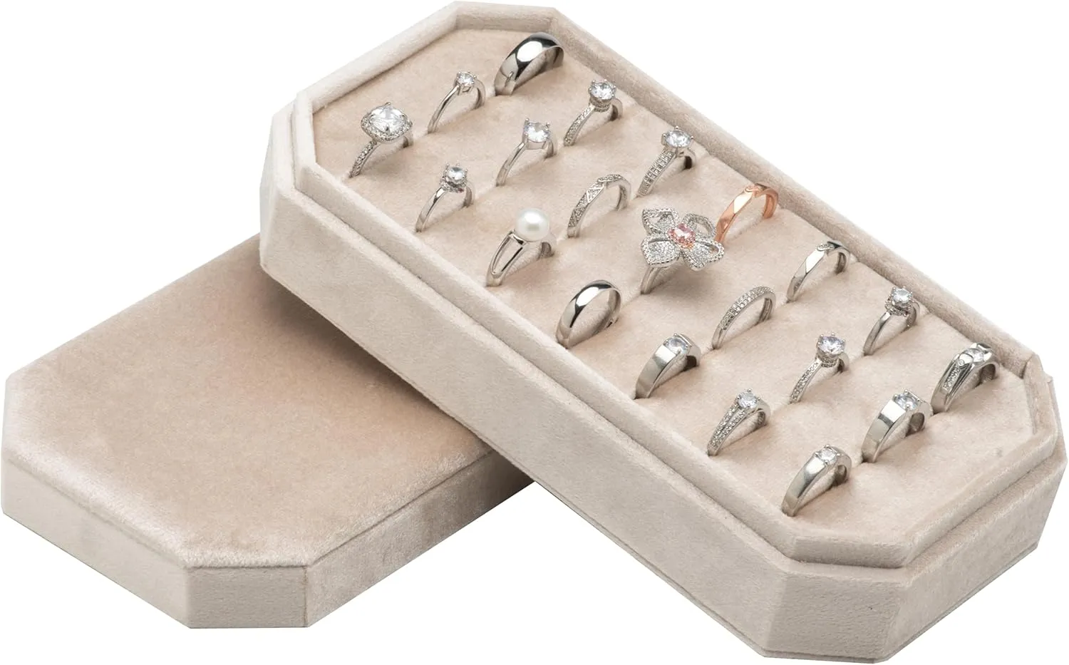 Velvet Ring Organizer Display Tray Jewelry Box Earring Holder Case for Wedding Birthday Christmas Day (Beige)