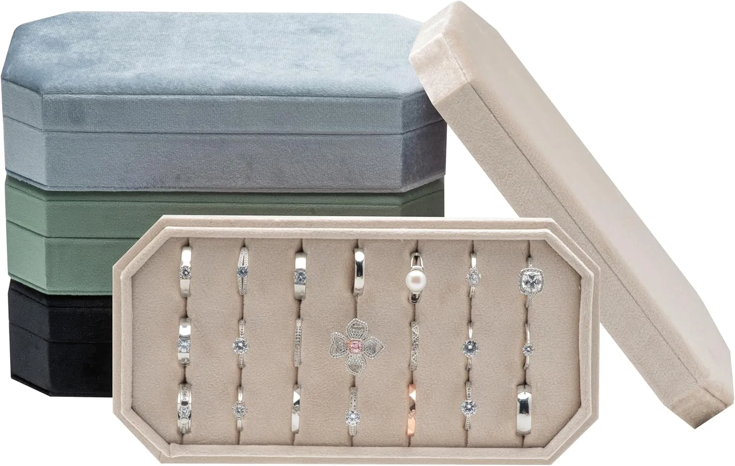 Velvet Ring Organizer Display Tray Jewelry Box Earring Holder Case for Wedding Birthday Christmas Day (Beige)