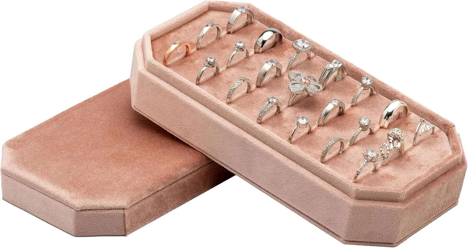 Velvet Ring Organizer Display Tray Jewelry Box Earring Holder Case for Wedding Birthday Christmas Day (Blush Peach)