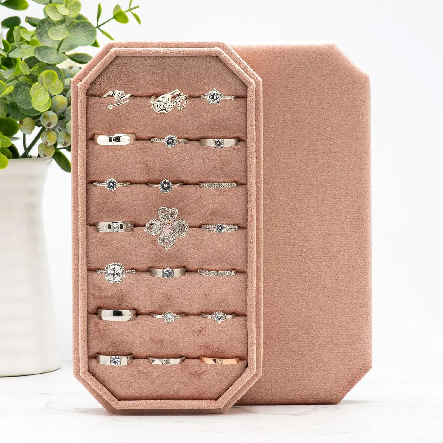 Velvet Ring Organizer Display Tray Jewelry Box Earring Holder Case for Wedding Birthday Christmas Day (Blush Peach)
