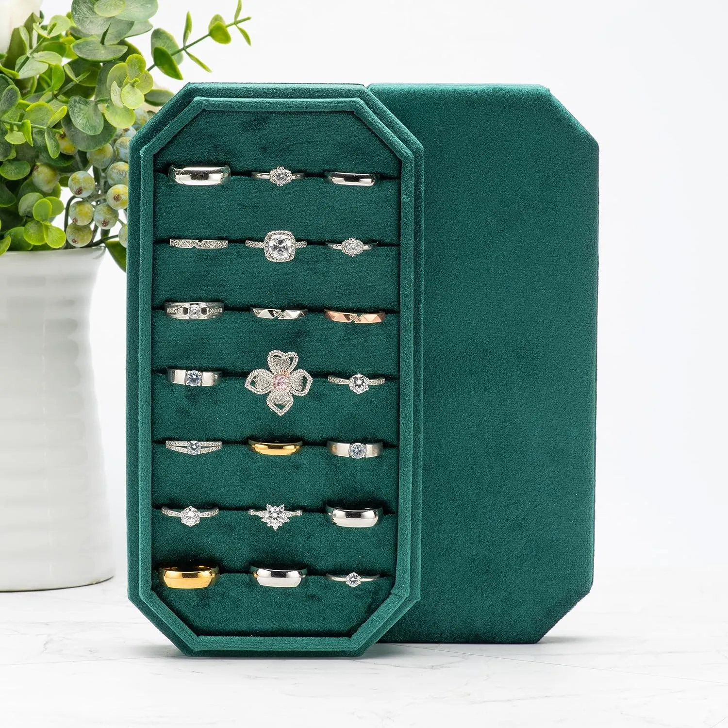 Velvet Ring Organizer Display Tray Jewelry Box Earring Holder Case for Wedding Birthday Christmas Day (Green)