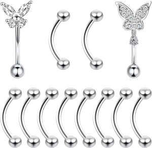 VERAMI 12PCS 16G Stainless Steel Eyebrow Stud Rings Curved Barbell Butterfly Daith Rook Earring Piercing Small Belly Rings Lip Piercing Bar Ring 10mm