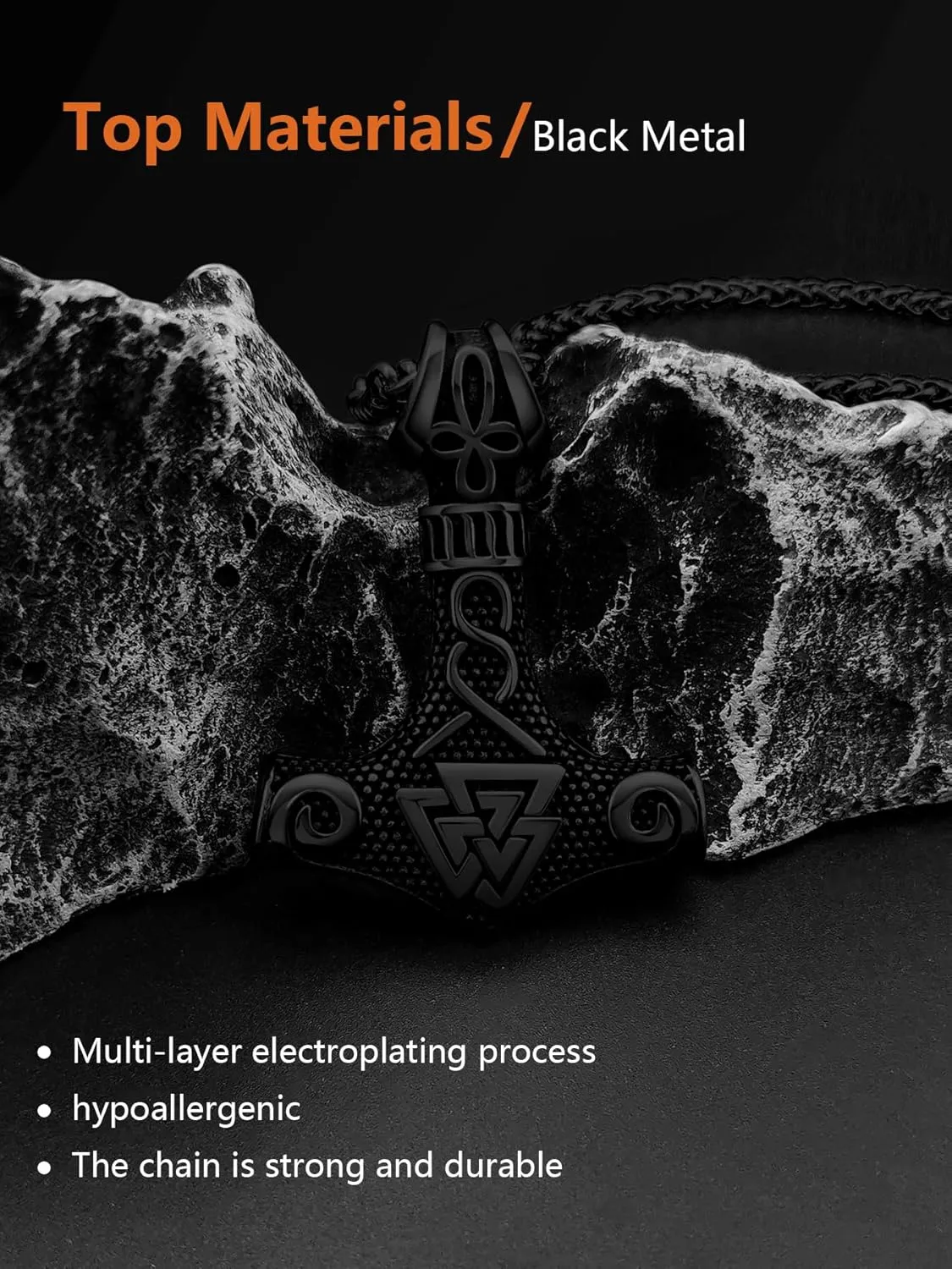 Viking Thor's Hammer Necklace for Men, 18K Gold/Black/Stainless Steel Mjolnir Amulet Pendant Norse Pagan Compass Nordic Viking Jewelry, with Gift Box