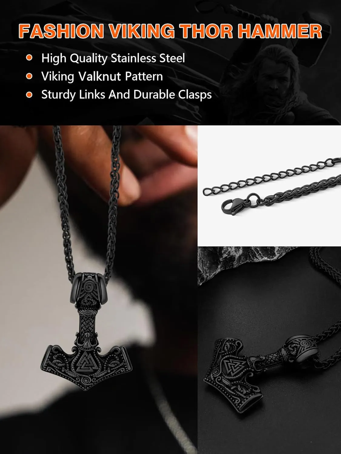 Viking Thor's Hammer Necklace for Men, 18K Gold/Black/Stainless Steel Mjolnir Amulet Pendant Norse Pagan Compass Nordic Viking Jewelry, with Gift Box