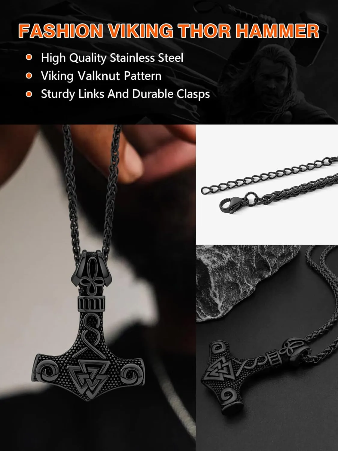 Viking Thor's Hammer Necklace for Men, 18K Gold/Black/Stainless Steel Mjolnir Amulet Pendant Norse Pagan Compass Nordic Viking Jewelry, with Gift Box