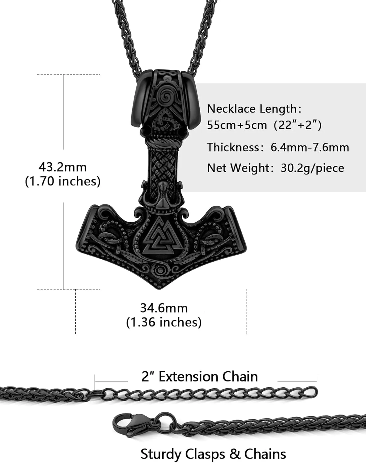 Viking Thor's Hammer Necklace for Men, 18K Gold/Black/Stainless Steel Mjolnir Amulet Pendant Norse Pagan Compass Nordic Viking Jewelry, with Gift Box