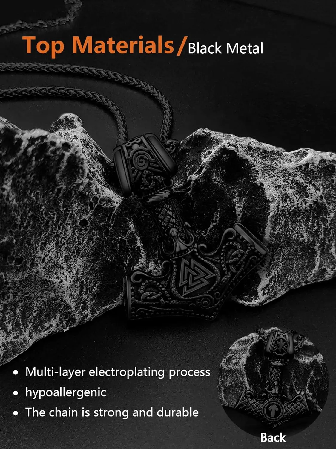 Viking Thor's Hammer Necklace for Men, 18K Gold/Black/Stainless Steel Mjolnir Amulet Pendant Norse Pagan Compass Nordic Viking Jewelry, with Gift Box
